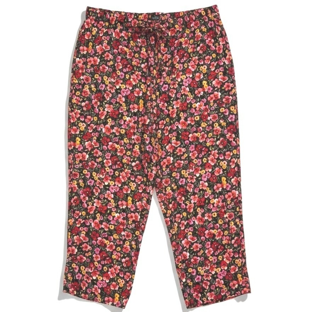 Sag Harbor Pants Women XL Cropped Red Pink Yellow Floral Summer Cottagecore